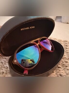 Michael Kors Pink Frame Sunglasses with Blue-Purple Mirrored Lenses